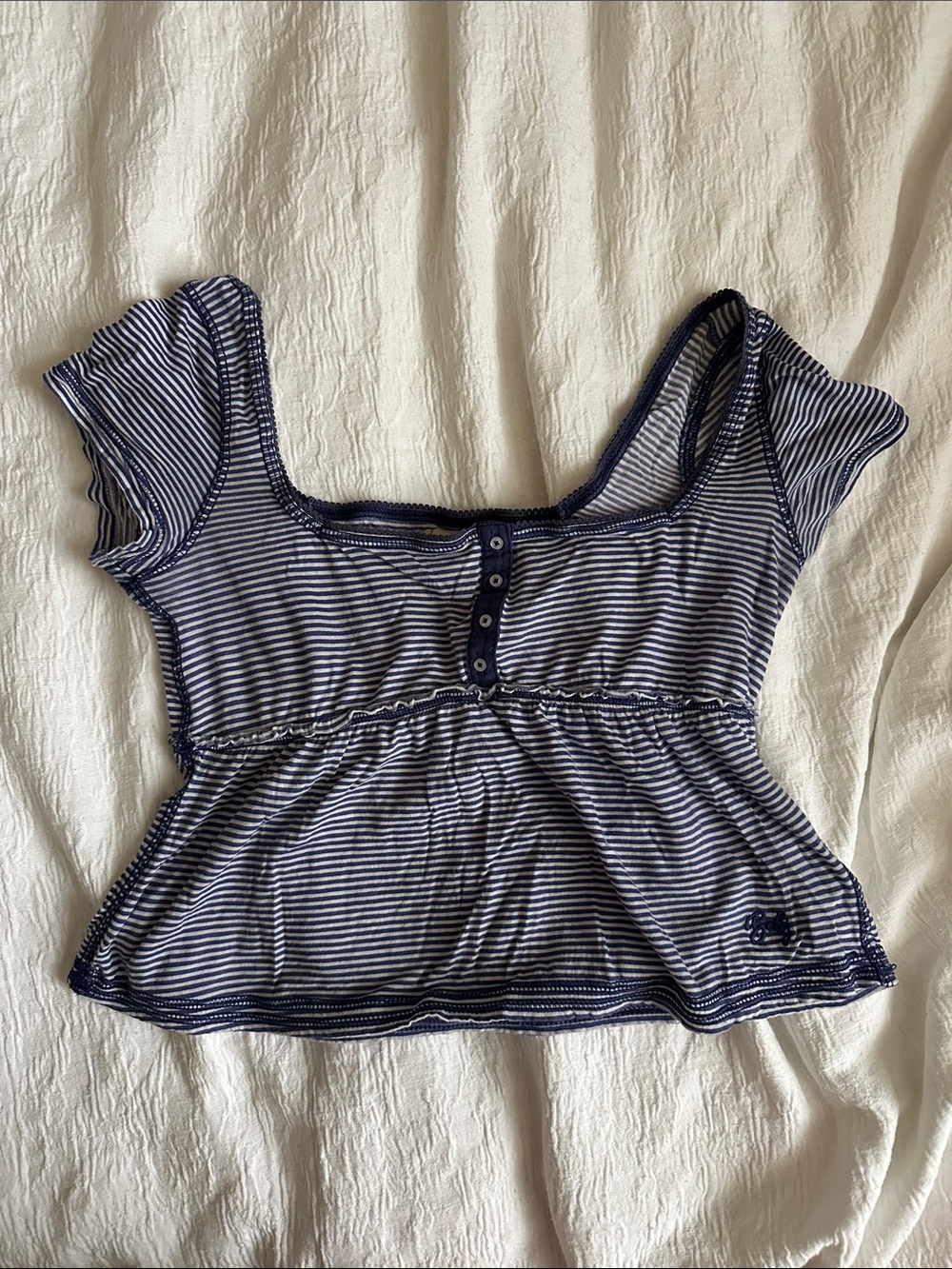 BDG Navy and White Striped Short Sleeve Crop Top
